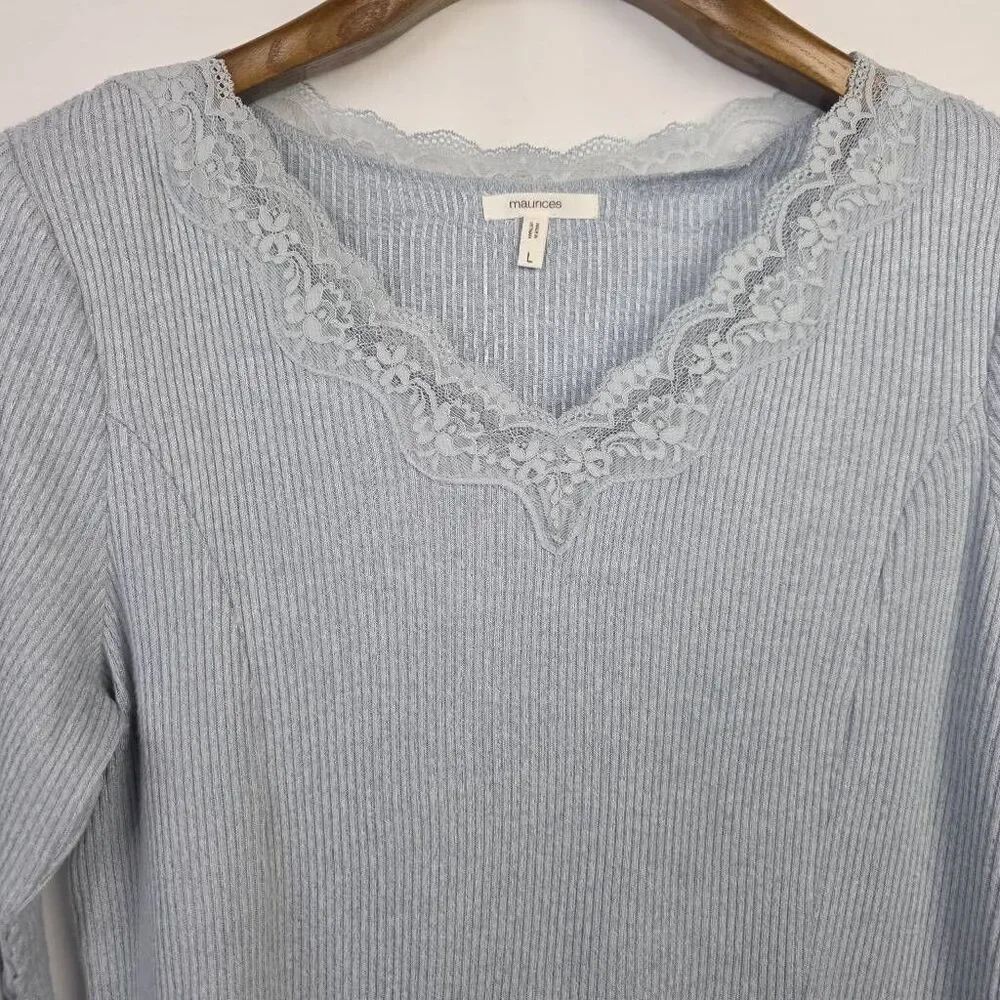 Maurices Lace Trim Rib Knit Top Large Light Blue - Picture 3 of 9